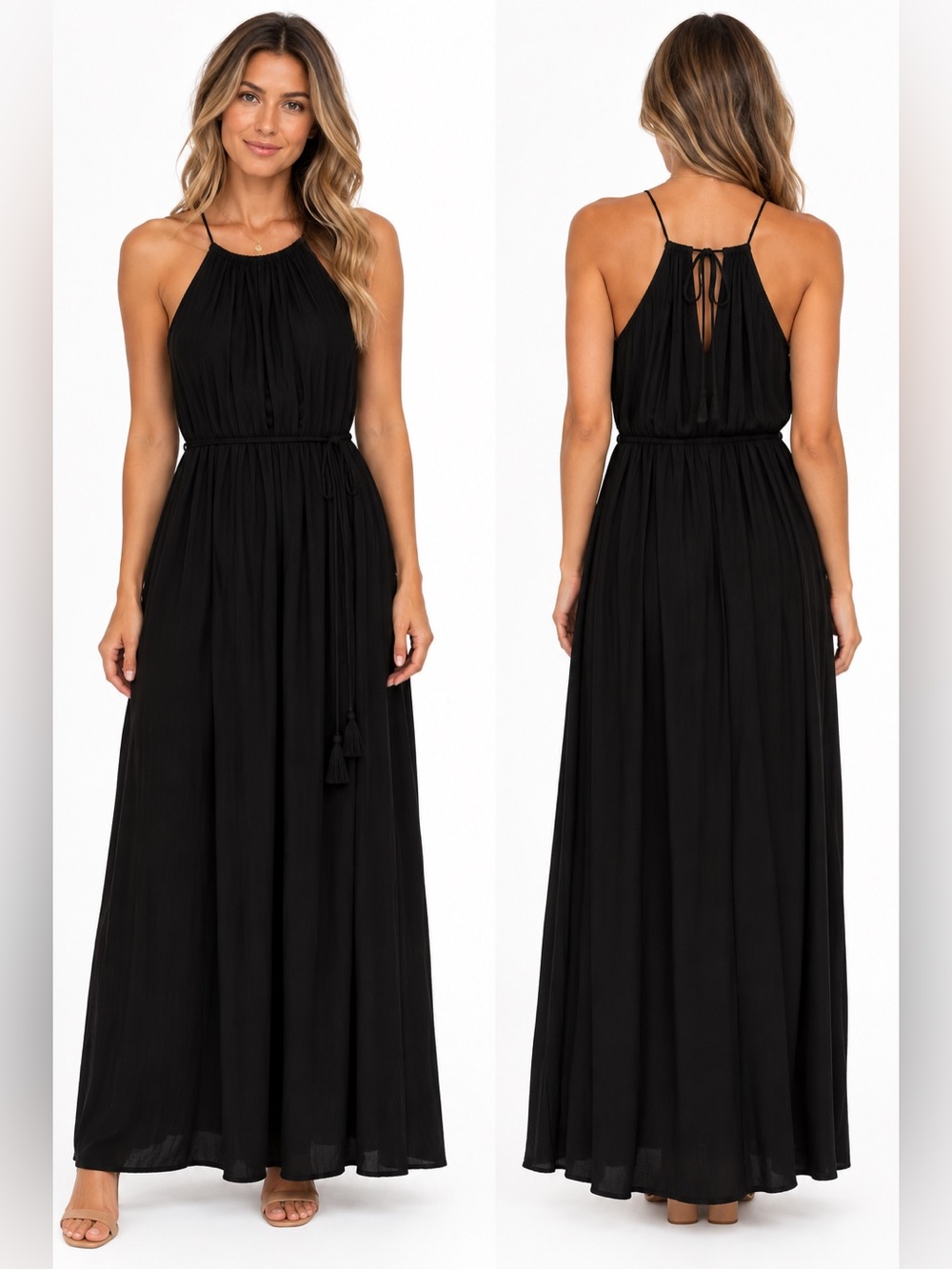 LOFT Black Maxi Dress with Tassel Waist